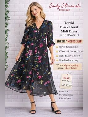 Torrid Black Floral flowy chiffon Dress sheer feminine Sz 0 (Plus size fashion)